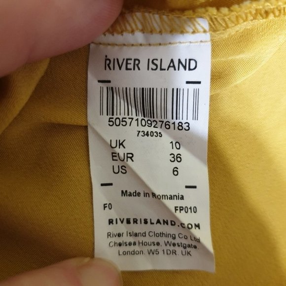 River Island AU-10 Yellow Mustard Puff Sleeve Blouse Button Top V-Neck - Picture 7 of 8